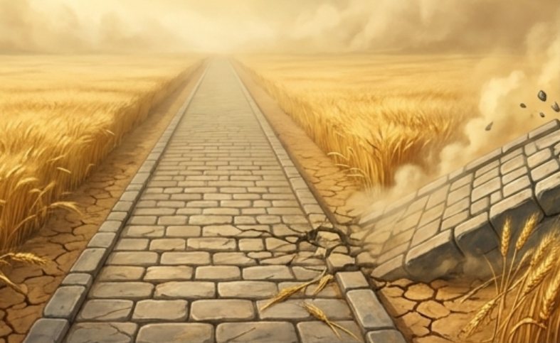 From the Svea-Fold design folio: the King's Road, a dressed-stone highway through golden wheat, cracking where it meets the wild