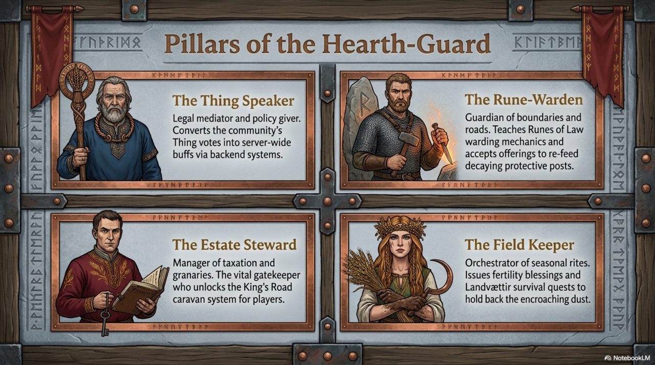 Svea-Fold design deck: the four pillars of the Hearth-Guard — Thing Speaker, Rune-Warden, Estate Steward, Field Keeper