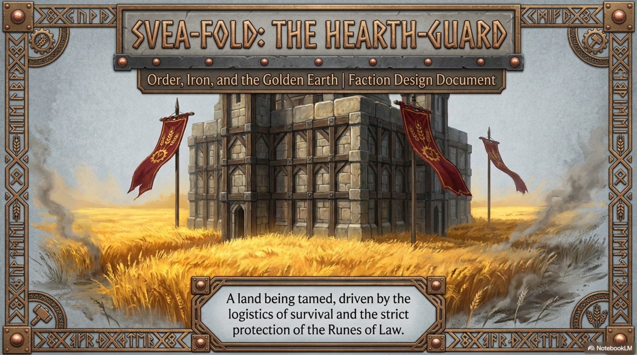 Svea-Fold design folio title page: a symmetrical stone-and-timber fortress over golden wheat — order, iron and the golden earth