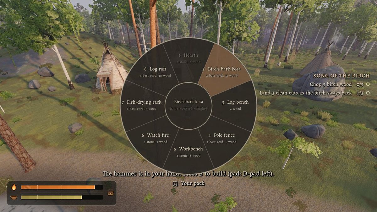 In-game build radial: log raft, birch-bark kota, log bench, pole fence, workbench, watch fire, fish-drying rack
