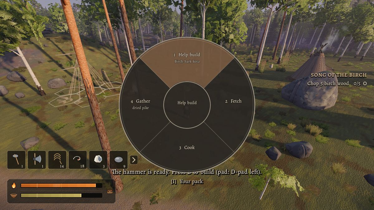 In-game clan command radial: help build, fetch, cook, gather