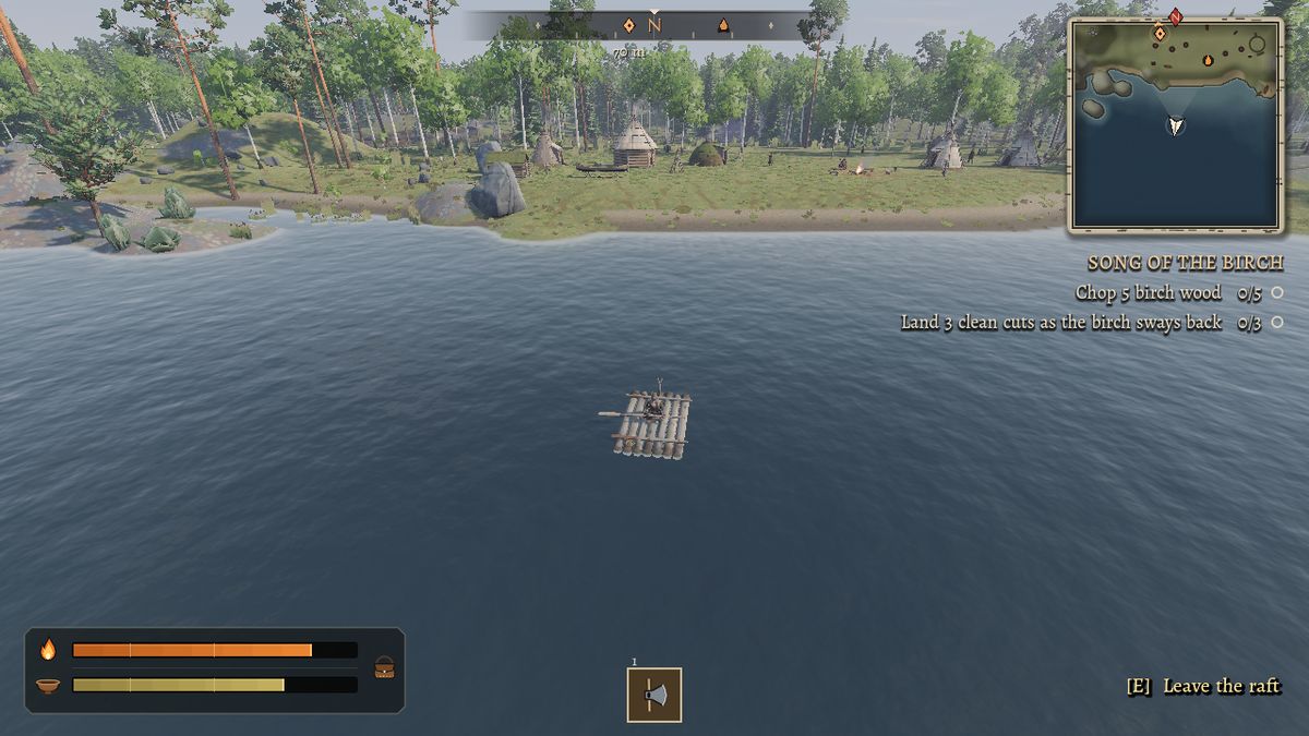 A log raft out on the open lake, the shore camp behind