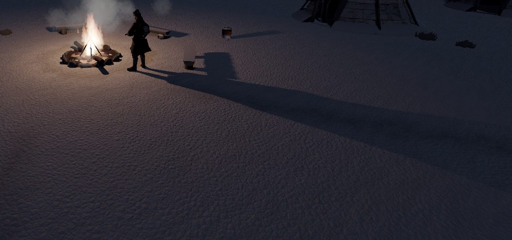 Winter night — a lone figure by the fire, long shadows on the snow